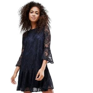 Ganni Womens Dress Larkin Lace Navy Blue Eclipse Black Drop Waist Shift Sz S